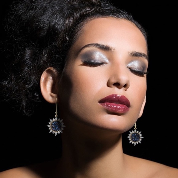 Blue Crushed Gem Sunflower Ear Wire Earrings - Picture 5 of 8